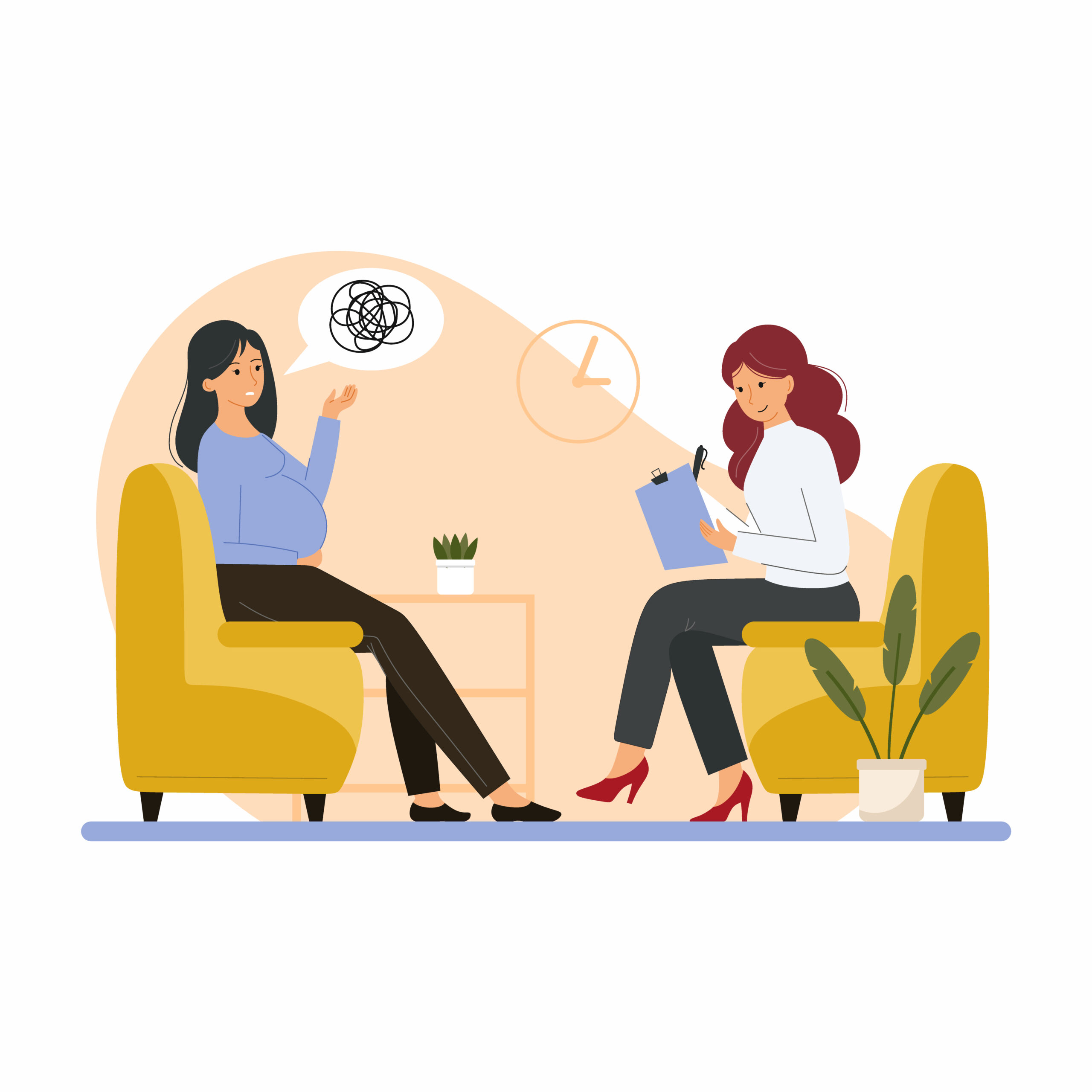 Pregnant woman in session with psychologist, inquiring about risks of substance use while pregnant or postpartum.