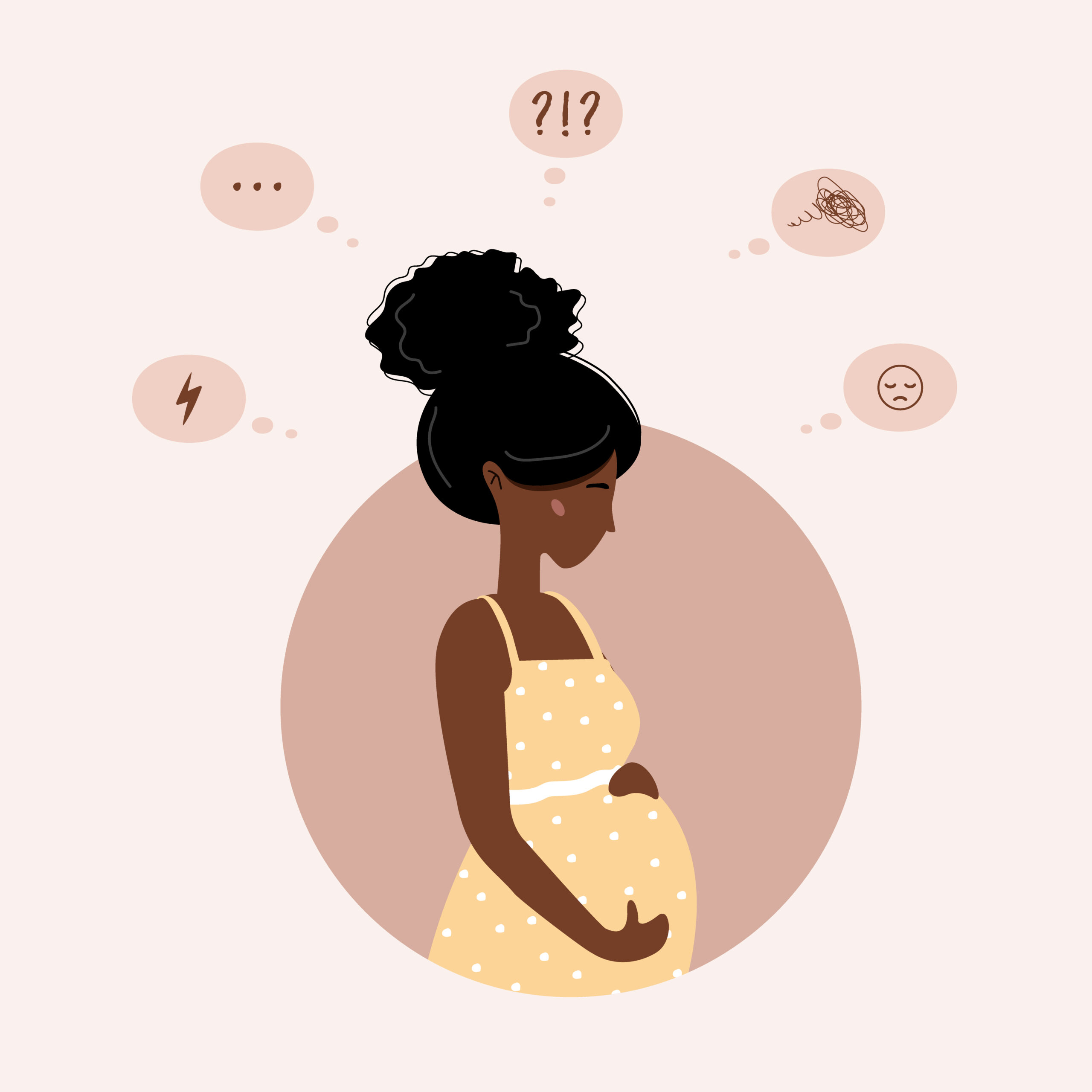 black pregnant woman with thought bubbles
