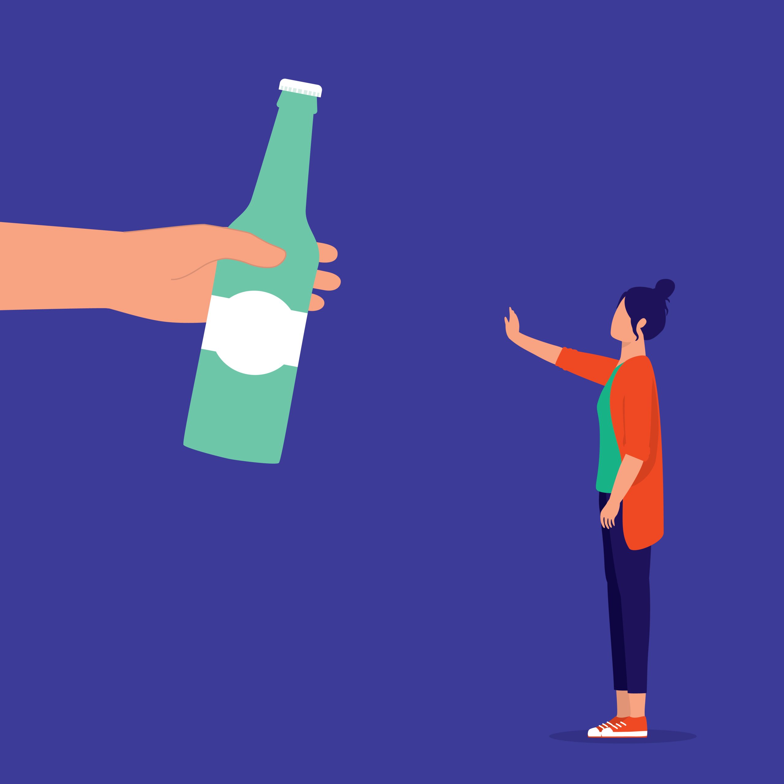 Drawing of female holding out hand rejecting bottle