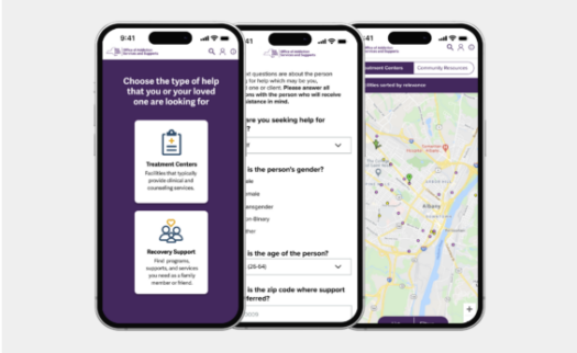 Three screenshots of the mobile view of the New York State Treatment Finder