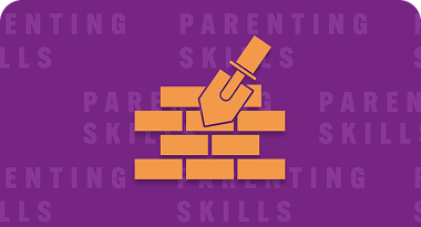 Orange icon of bricks and a trowel on a purple background with repeating text 'Parenting Skills'