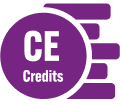 Purple icon with text 'CE Credits' inside a circle, with stylized horizontal lines on the right