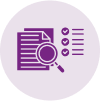 Icon of a document with a magnifying glass and checklist in purple, inside a light circular background