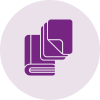Icon of stacked books and papers in purple, inside a light circular background