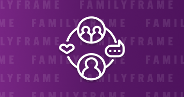 Icon of connected people with heart and chat symbols, on a purple background with repeating text 'FAMILYFRAME'