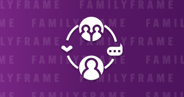 Icon of connected people with heart and chat symbols, on a purple background with repeating text 'FAMILYFRAME'.