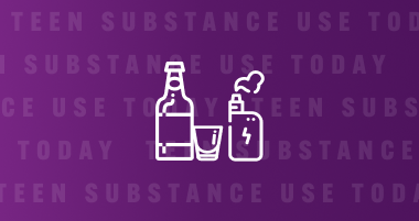 Icon of a beer bottle, shot glass, and vape device on a purple background with repeating text 'Teen Substance Use Today'