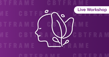 Outline icon of a peaceful human head with a butterfly wing, with text 'live workshop' on a purple background with repeating text 'CBTFRAME'.