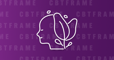 Outline icon of a peaceful human head with a butterfly wing, on a purple background with repeating text 'CBTFRAME'