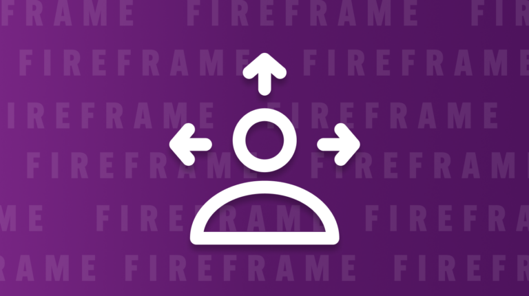 Icon of a person with arrows pointing left, right, and up, on a purple background with repeating text 'FIREFRAME'