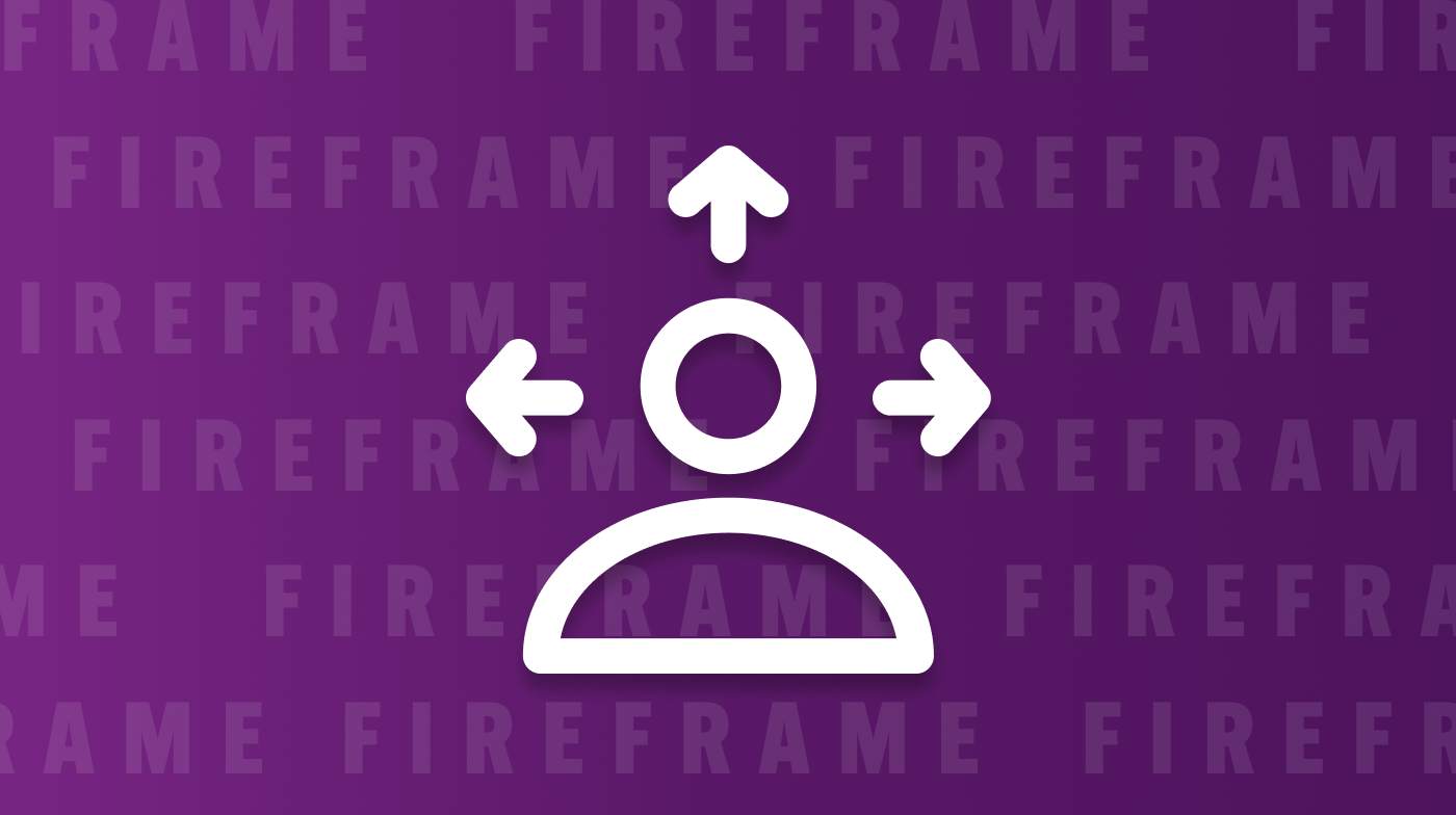 Icon of a person with arrows pointing left, right, and up, on a purple background with repeating text 'FIREFRAME'